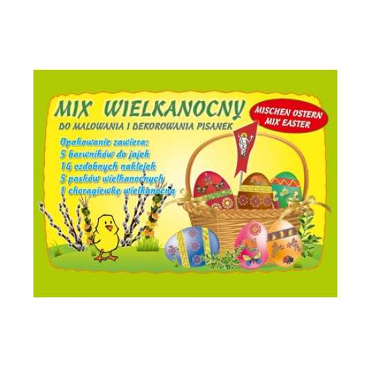 Velykinis rinkinys: 5 vnt. dažų kiaušiniams, 14 vnt. lipdukų, 5 vnt. juostelių, smeigtukas Velykinis rinkinys: 5 vnt. dažų kiaušiniams, 14 vnt. lipdukų, 5 vnt. juostelių, smeigtukas